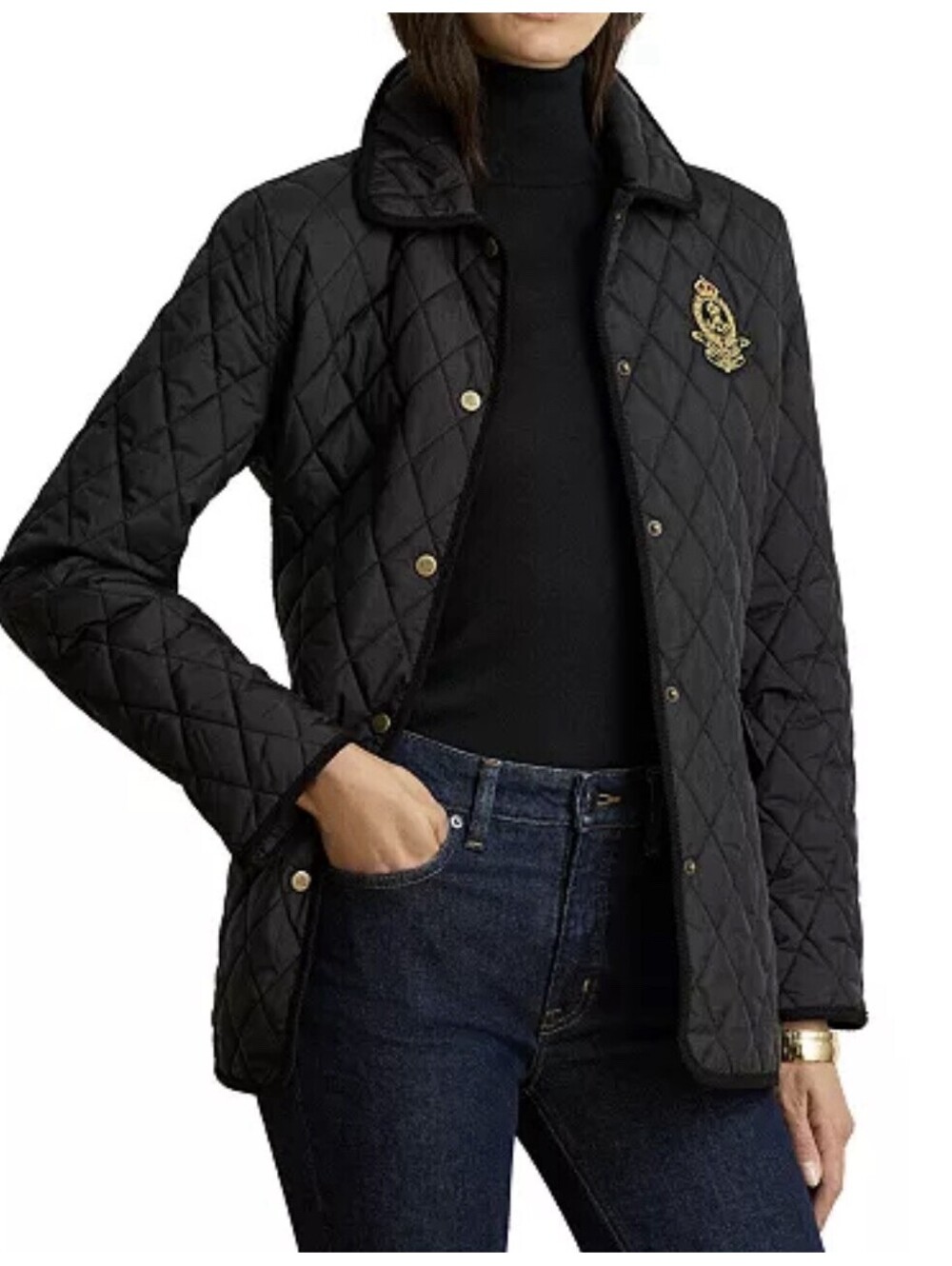 New Lauren Ralph Lauren Logo Crest Quilted Black Jacket Size S $189